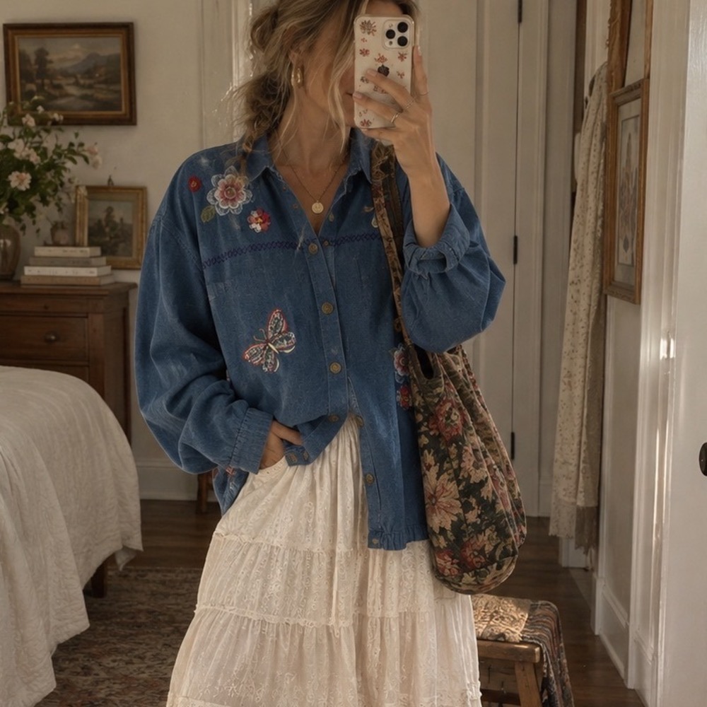Butterfly Embroidered Denim Jacket Womens Cottagecore Grandmacore Boho Western